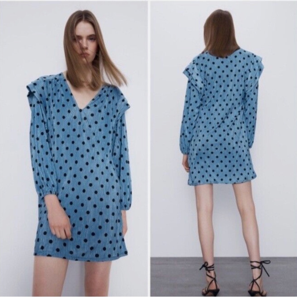 Zara Blue Blue Polka Dot FIt & Flare Ruffle Polyester Mini Dress Size S Small